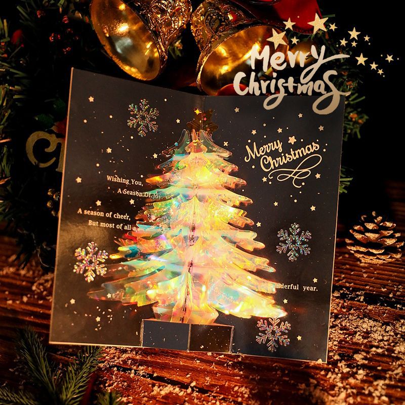 聖誕賀卡歐美聖誕節3d立體閃閃發光的樹ins風燙金卡片禮物廠家