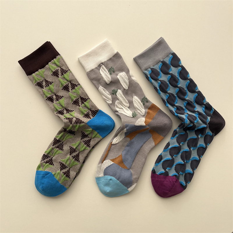 Spring and Summer Embossed Geometric Pattern Mid-Socks Japanese Vintage Irregular Contrast Color Pile Socks Ins Trendy Boneless Women's Socks