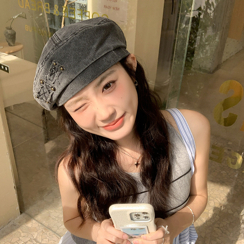 复古做旧水洗牛仔贝雷帽子女2025年春新款百搭大头围显脸小画家帽|undefined
