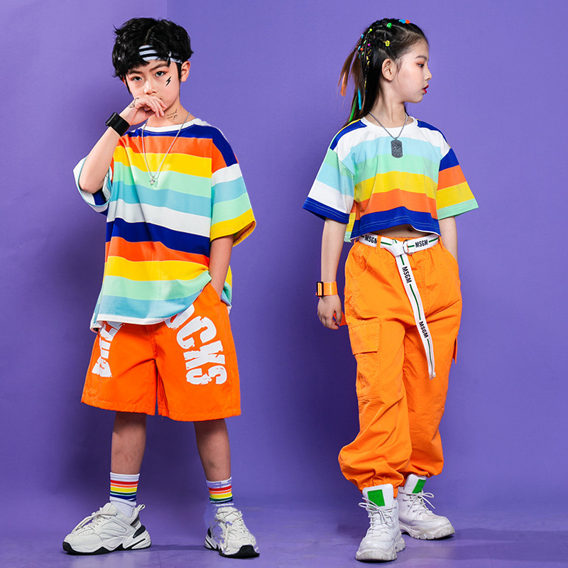 Children rainbow color hip-hop jazz dance costume Street dance suit striped boy hip hop Trendy outfit Girls model show catwalk costumes