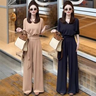 时尚休闲套装女夏季新款洋气显瘦收腰系带V领短袖阔腿裤子两件套