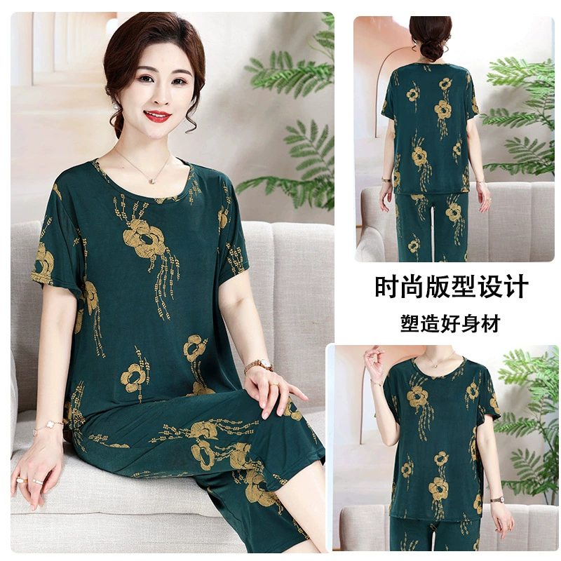 Летний костюм из ледяного шелка для мам среднего и пожилого возраста, летнее платье с принтом для бабушки, домашний повседневный комплект из двух предметов с короткими рукавами для пожилых людей