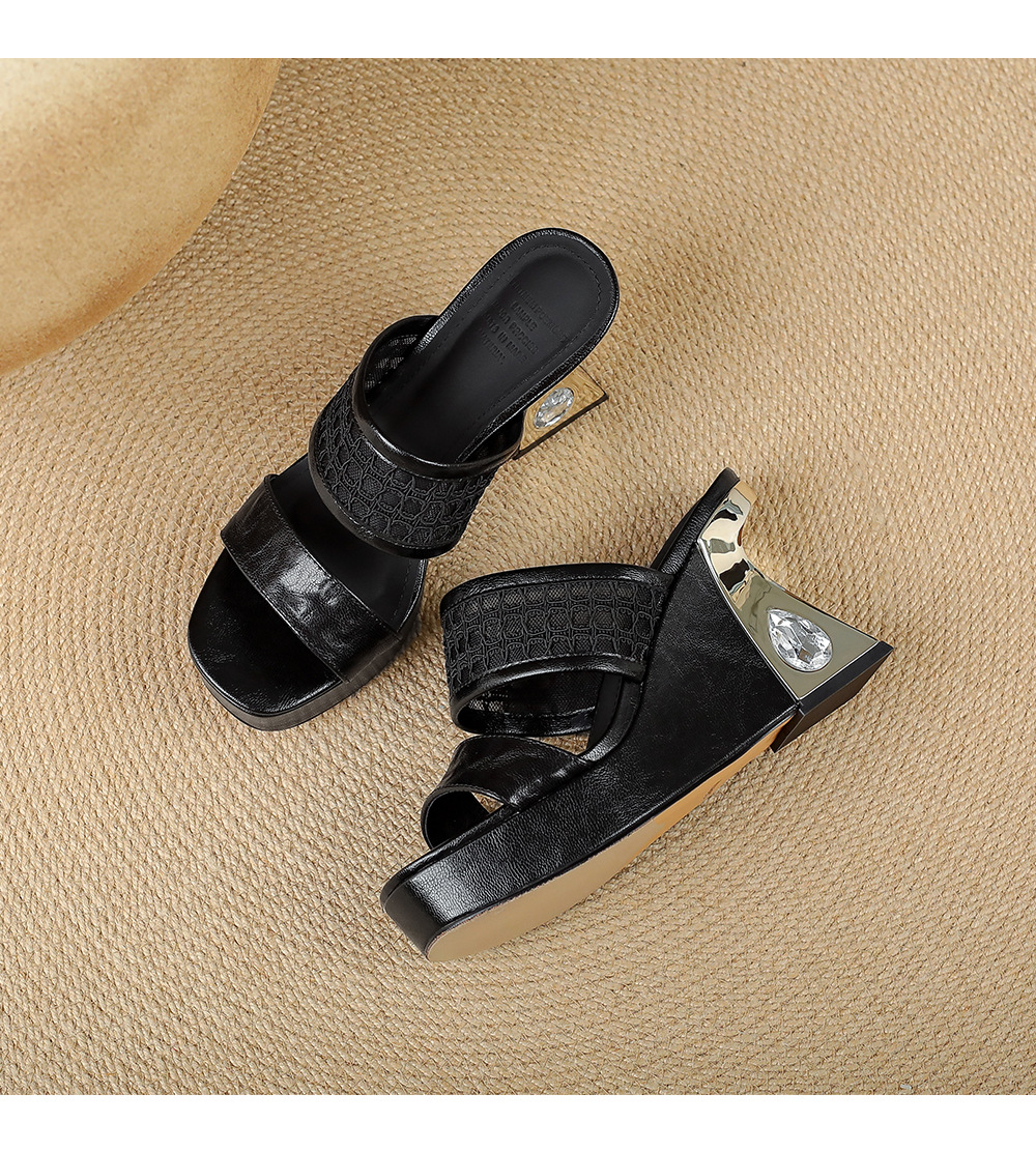 Sandal cao gót nữ đế xuồng mũi vuông đính đá quai ngang — màu đen, màu trắng ngà chi tiết 15