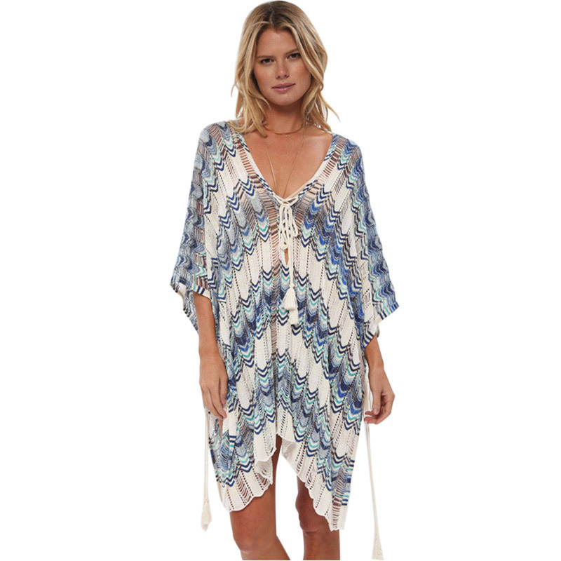 Transfronterizo europeo y americano nuevo Amazon hueco-fuera de punto playa blusa bikini traje de baño vacaciones ropa de protección solar para las mujeres