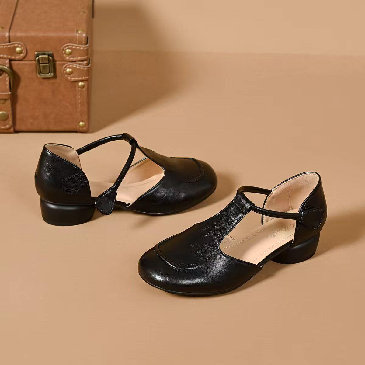 Sandal nữ da thật mũi tròn gót vuông quai ngang đế mềm — màu nâu chi tiết 8