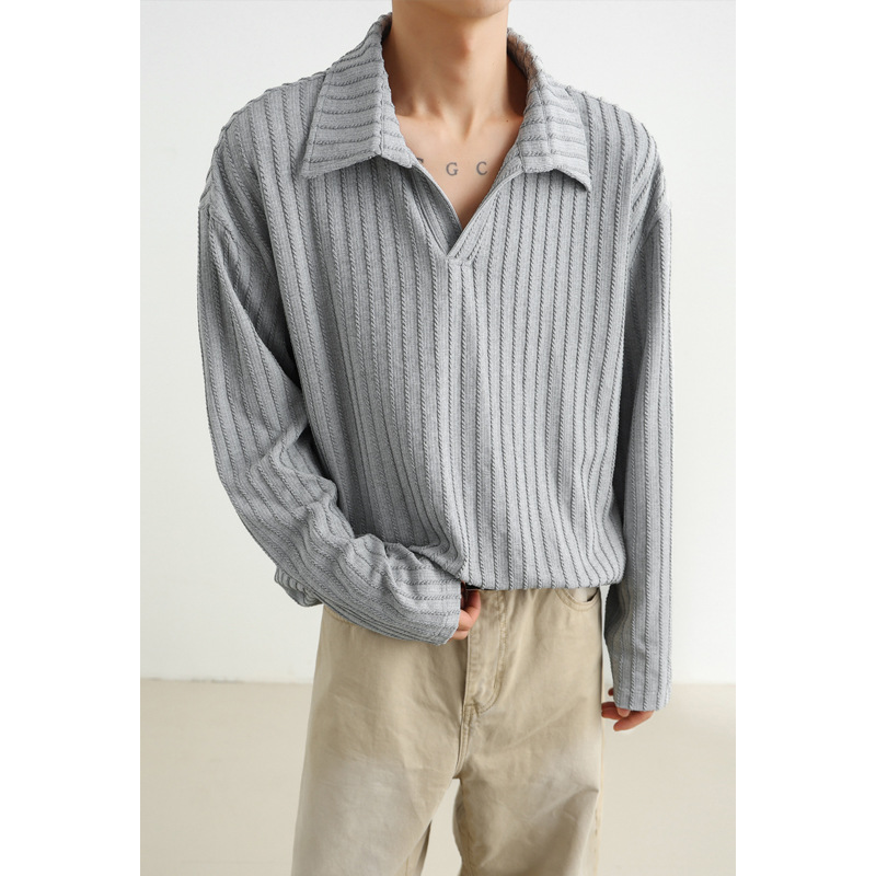 Wheat-pattern V-neck Polo Shirt For Men, Autumn Style, High-end Old Money Vibe, Relaxed Fit, Collared Sweatshirt, Worn_voghion.com