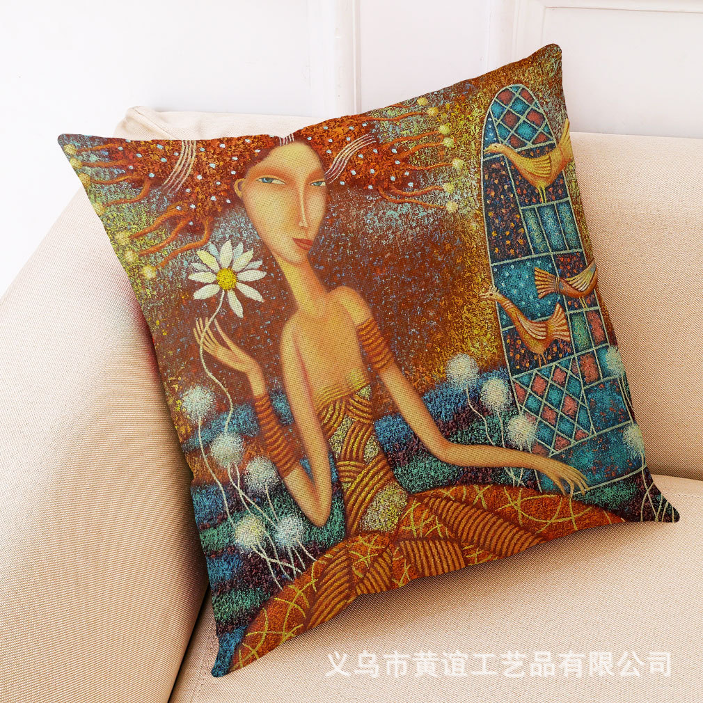 亚马逊eBay新款艺术女孩棉麻抱枕套 汽车抱枕 办公室午睡抱枕批发