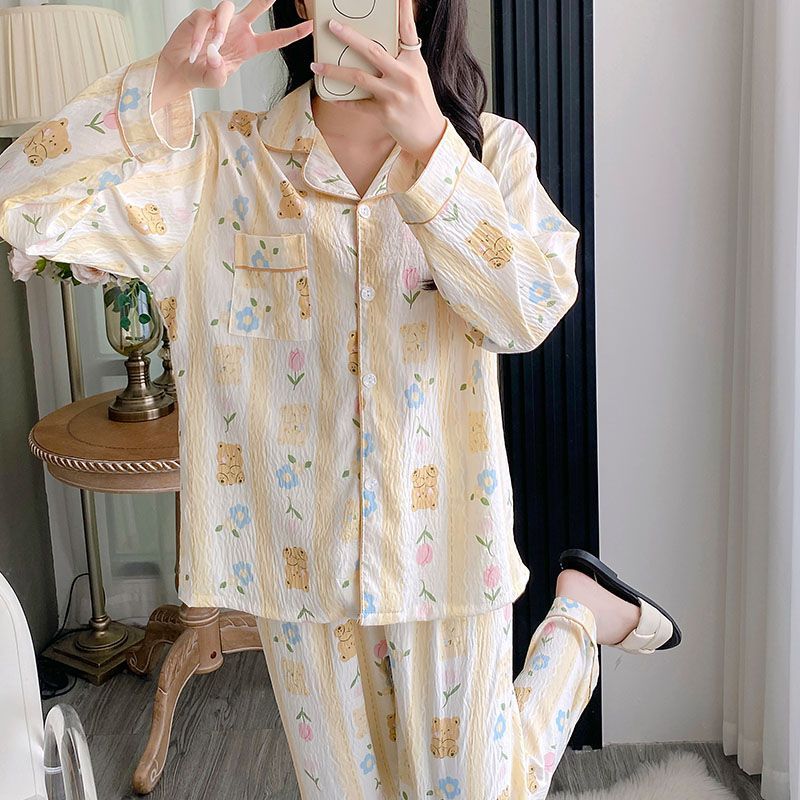 Al por mayor transfronterizo otoño nuevo pijama de algodón nublado, cardigan de manga larga, pantalones largos de dos piezas, ropa para el hogar se puede usar fuera