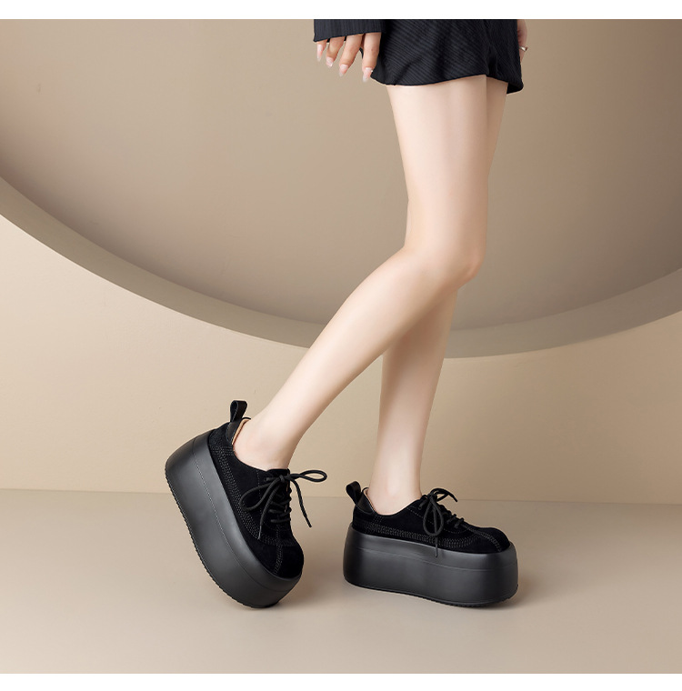 Giày sneaker nữ chunky đế dày mũi tròn phối màu dây buộc cổ thấp thu đông da thật — màu đen, màu mơ chi tiết 8
