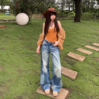 美式复古水洗宽松渐变色高腰阔腿裤女秋季新款垂感显瘦拖地牛仔裤