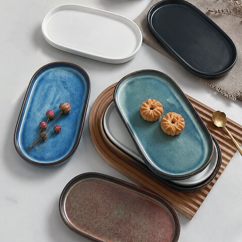 Cross-border creative, lightweight luxury decorative tray, ceramic storage tray, fruit and snack tray, coffee table tray, jewelry tray, oval-shaped tray