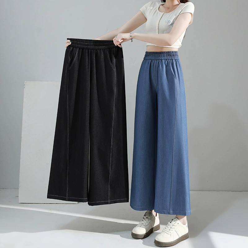 Женские широкие джинсовые брюки из тенселя, летние укороченные повседневные женские брюки из ледяного шелка с тонкой эластичной резинкой на талии