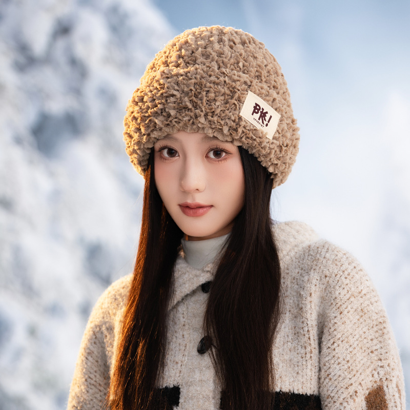 Autumn Winter New Cute Stretchy Knitted Korean Style Versatile Plush Outdoor Windproof Warm Pullover Hat_voghion.com