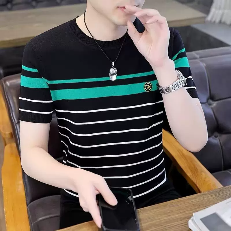 夏季冰丝高档短袖圆领潮流条纹半袖上衣男士休闲帅气体恤1/2件