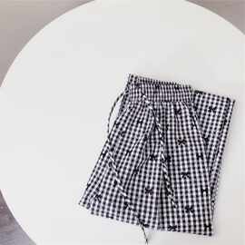 Bow Pants 黑白格蝴蝶结印花松紧腰抽绳窄版显瘦阔腿裤直筒拖地裤