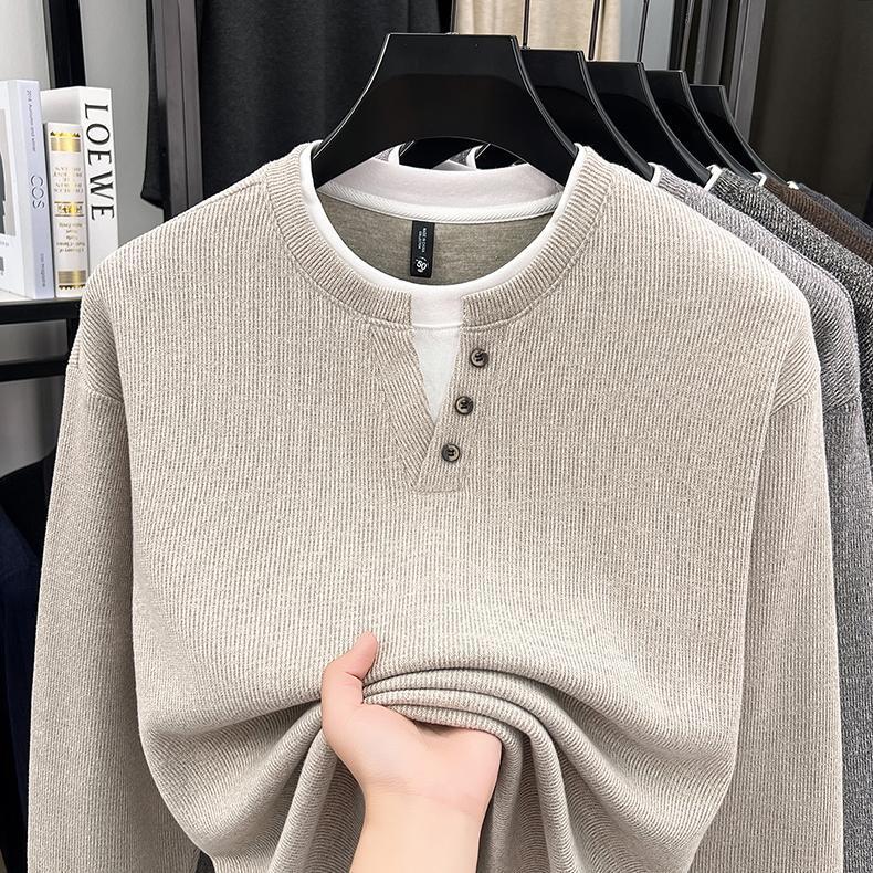 Popular fake two-piece long-sleeve sweatshirt for men, new autumn and winter style, henley collar, simple casual solid color base knit shirt Popular fake two-piece long-sleeve sweatshirt for men, new autumn and winter style, henley collar, simple casual solid color base knit shirt