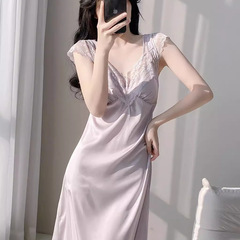 アイスシルクナイトガウン、高級レース、胸パッド付き、女性用の新しいパジャマ、夏のロングプリンセスガールの純粋な欲望のホーム服