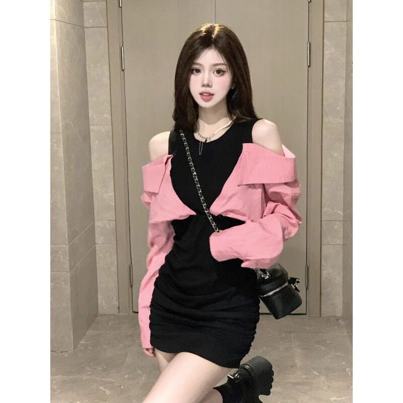 Fake Two-Piece Shirt Off-Shoulder Dress 2025 Spring New Pure Lust Sweet and Spicy Style Waist Slimming Look Hip-Hugging Short Skirt for Women Fake Two-Piece Shirt Off-Shoulder Dress 2025 Spring New Pure Lust Sweet and Spicy Style Waist Slimming Look Hip-Hugging Short Skirt for Women