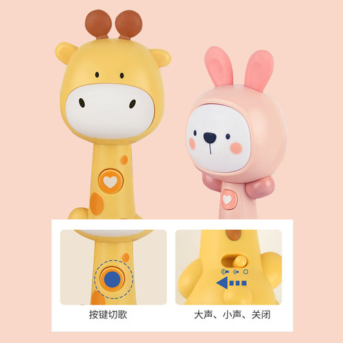 Baby soft rubber rattle cartoon teether rhythm stick hand grab soothing bb stick children's light and music toy castanet