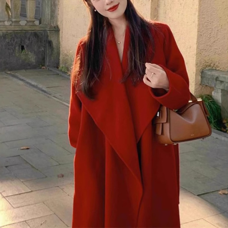 Wedding Double-Sided Cashmere Outwear for Women 2025 Winter High-End Christmas Red Mid-Length Woolen Outwear for Women