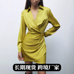 亚马逊跨境欧美独立站女装 秋季新款缎面连衣裙 褶皱百搭色丁裙子