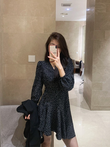 Black Polka Dot Long-Sleeve Shirt Dress for Women, Autumn New Chiffon Collar Short Skirt High-End Word Skirt
