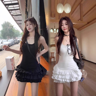 Sweet White Suspender Dress for Women Summer Slim Waist Ruffled Cake Skirt Ballet Style A-Line Skirt