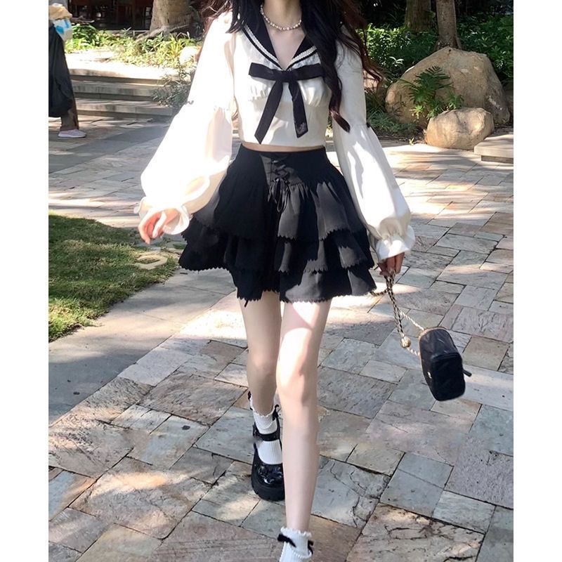 甜美学院风套装女jk制服长袖衬衫海军领设计感蝴蝶结短款两件套女|undefined