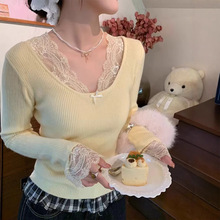 蝴蝶结蕾丝拼接长袖针织毛衣女秋冬新款纯欲辣妹V领打底衫T恤上衣