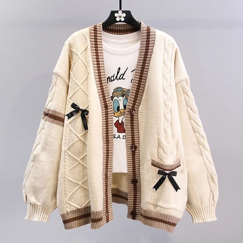 Korean Style Bow-Knot Sweater, Spring, Autumn and Winter Coat, Women's New Style, Lazy Style, Loose Design, Age-Reducing Knitted Cardigan