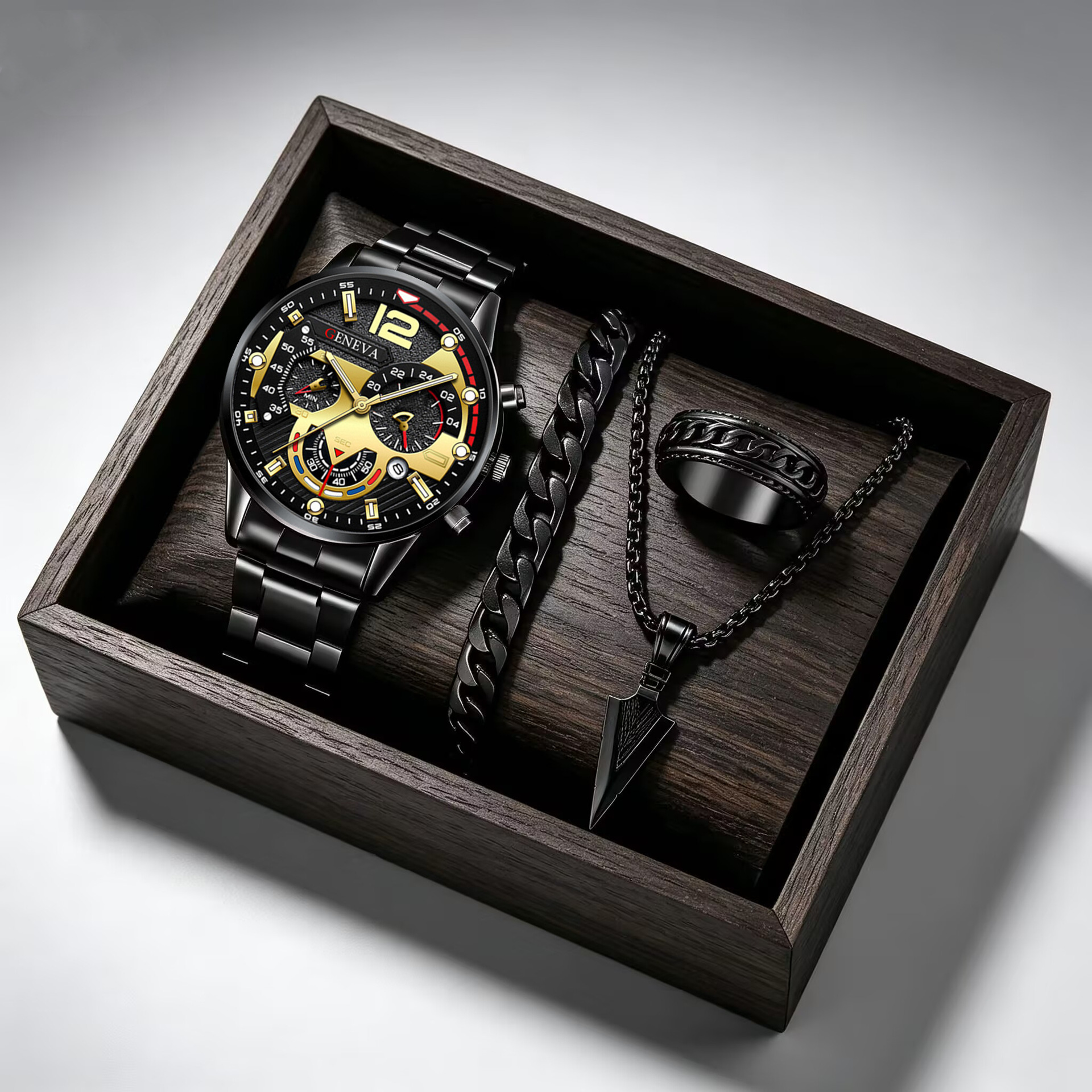Calendario de moda clásica de moda de hombre al por mayor reloj de pulsera reloj de correa de acero reloj de negocios conjunto transfronterizo