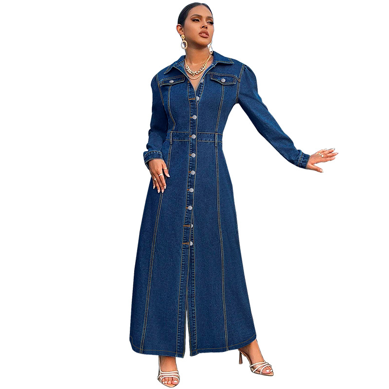 708g Weight Maxi Long Dress Dress Length Type Long Sleeve Sleeve Length Denim Dress Dresses Type Cotton (more than 30%), Denim Fabric Type High Waist Waist Line Holiday, Street Occasion Turndown Neckline Slim Fit Type Solid Color Pattern Spring, Autumn Season Women's Gender Streetwear Style Wholesale Women's Streetwear Solid Color Holiday Street Turndown Long Sleeve Denim Dress 17