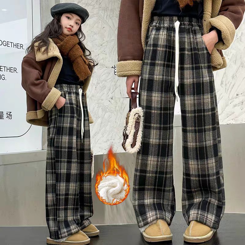 女童格子裤秋冬洋气儿童加绒裤子女大童冬装一体绒加厚保暖休闲裤