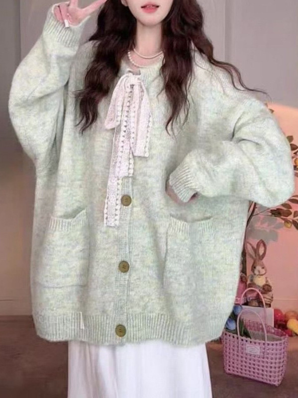 大板型甜美宽松法式针织衫开衫2025秋冬新款慵懒风高级蝴蝶结毛衣|undefined