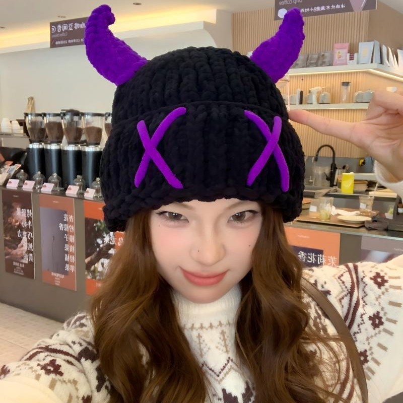 新款牛角恶魔套帽子女秋冬甜酷手工编织加厚保暖毛线帽显脸小冷帽|undefined