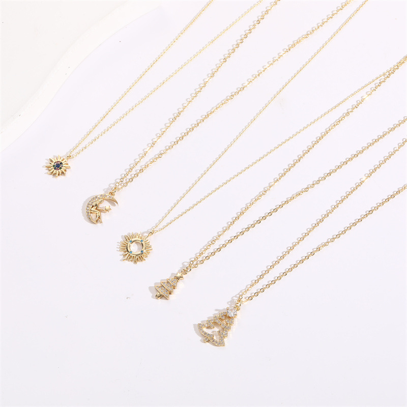 Fashion Christmas Tree Sun Moon Copper Gold Plated Zircon Pendant Necklace 1 Piece