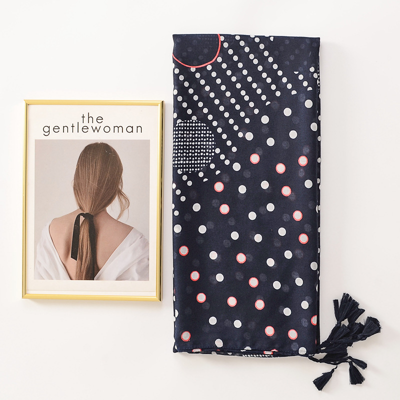 Llanura azul marino redondo lunares borla larga algodón y lino sensación seda bufanda viaje foto decoración chal protector solar Toalla de playa