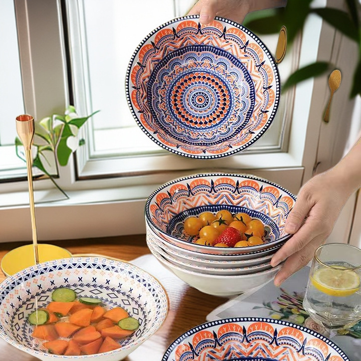 8inch Home Large Soup Bowl Underglaze Color Craft Bohemian Style Salad Bowl Large Japanese Style