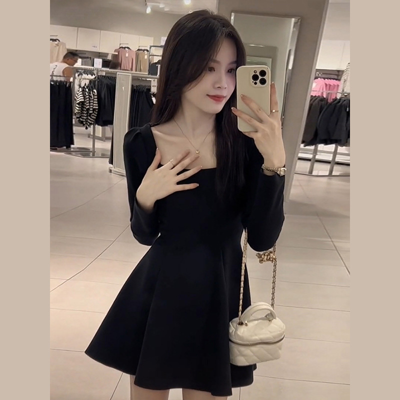 (2개) 2024 새로운 헵번 스타일 블랙 스퀘어 칼라 긴 소매 원피스 가을 여성의 높은 감각 작은 아름다운 치마