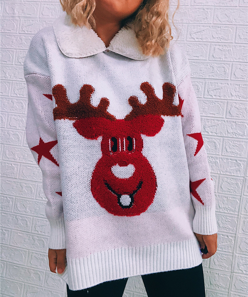 lapel thickened long-sleeved deer Christmas themed pullover sweater nihaostyles wholesale Christmas costumes NSSX88943