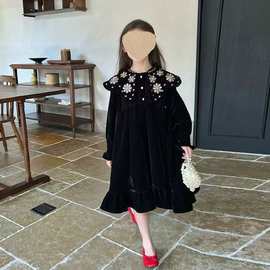 女童连衣裙春秋款中大童纯色气质丝绒春季新款娃娃领休闲公主裙潮