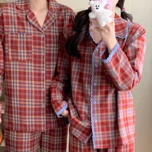 韩国ins女士春秋新长袖情侣装睡衣女春秋新款甜美格子家居服套装