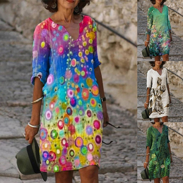 Cross-Border European and American Women's Fashion Printed V-Neck Five-Quarter Sleeve Multi-Color Mid-Length Dress Clearance Cross-Border European and American Women's Fashion Printed V-Neck Five-Quarter Sleeve Multi-Color Mid-Length Dress Clearance