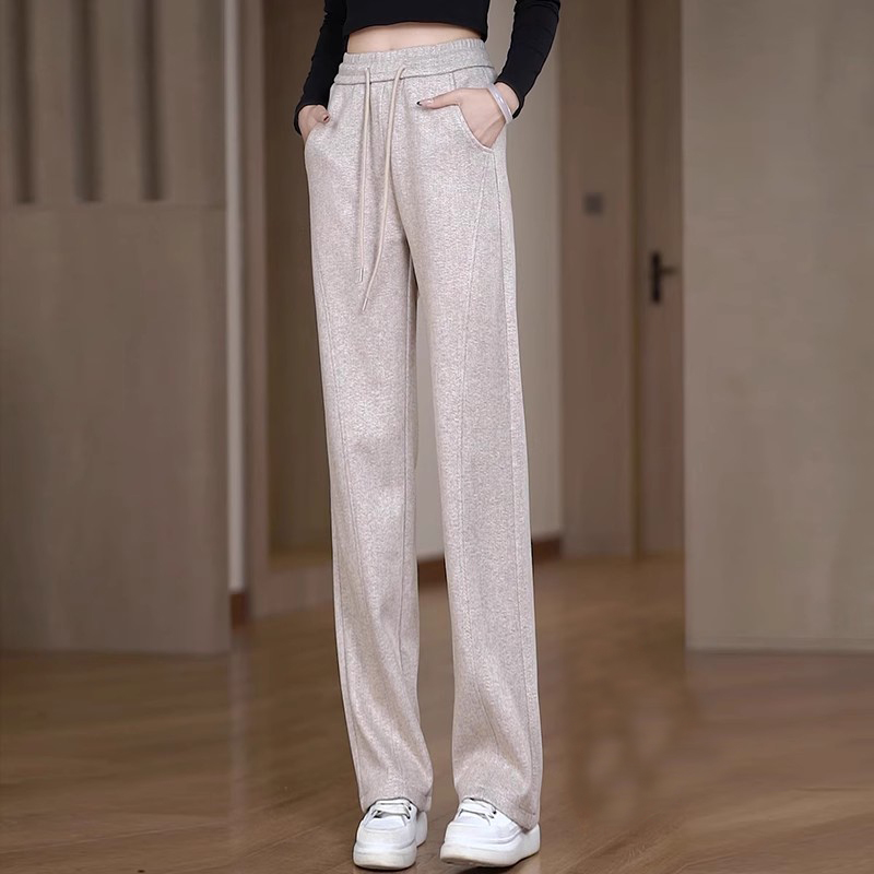 Casual pants for women narrow version wide-leg pants high waist plus velvet pants outside 2024 autumn and winter new elastic waist straight-leg women's pants