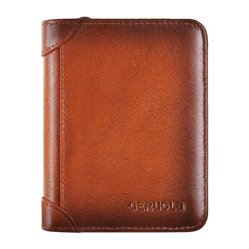 Cartera de hombre de piel de ungüento de color transfronterizo, cepillo antirrobo, billetera ultrafina, piel de vaca de primera capa, billetera corta de tres pliegues para hombre