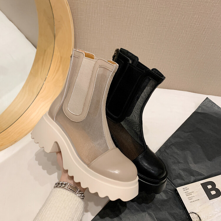 Boot ngắn nữ da bò mũi tròn đế dày thoáng khí khóa kéo sau — Màu đen, Màu mơ chi tiết 119