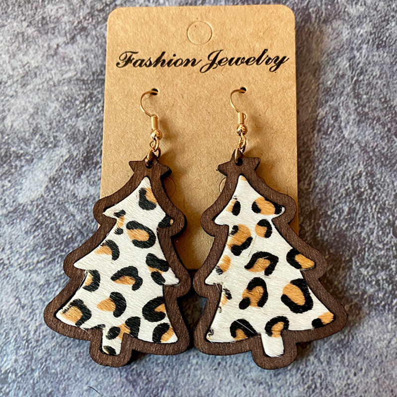Christmas Festival 1 Pair Christmas Retro Christmas Tree Leopard Wood Drop Earrings