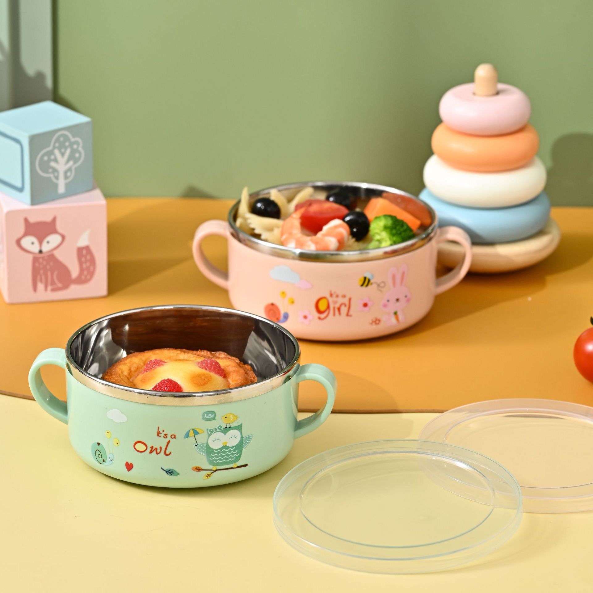 Jin Fei Yue children's double ear bowl stainless steel baby lunch box stainless steel baby with lid cartoon printing fresh-keeping box