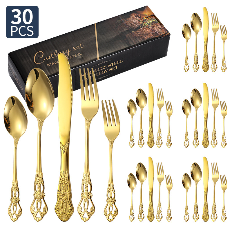 Amazon corte imperial cubiertos de acero inoxidable cuchillo y tenedor cucharas 20 / 24 / 30 piezas conjunto retro relieve cuchillo y tenedor de filete occidental
