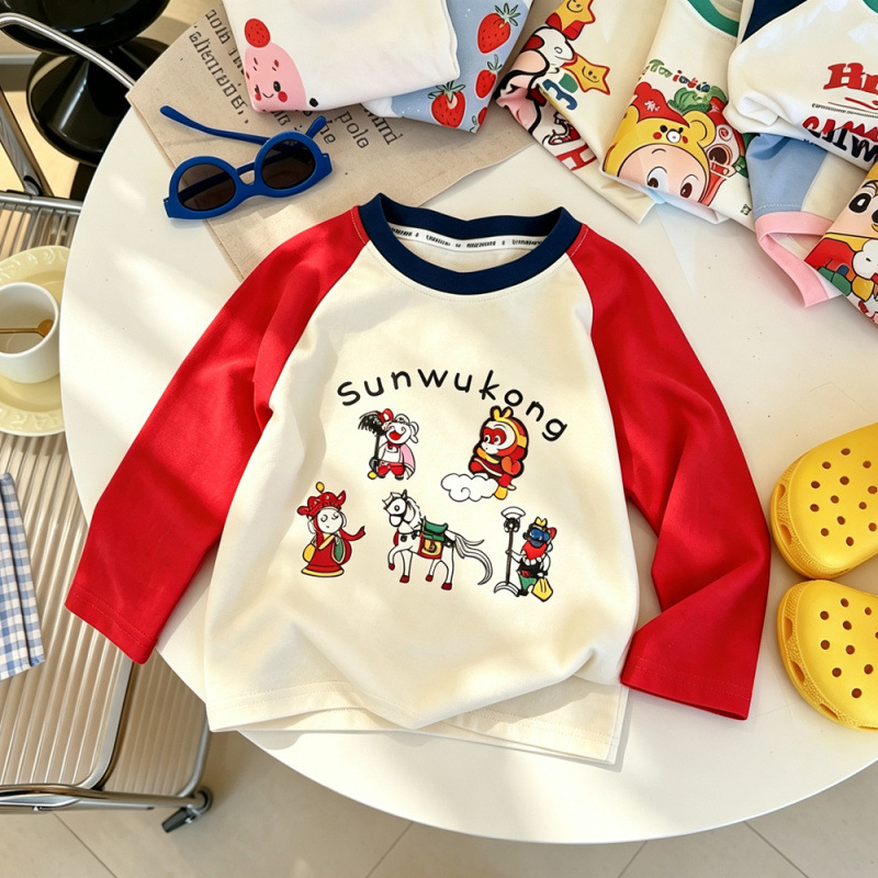 Cartoon Monkey King Doll Print Children's Long-Sleeved T-Shirt, Korean Style, Stylish and Versatile, Autumn Color Block Round Neck Baby Top